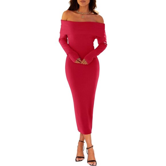 Merokeety Women's Red Off Shoulder Long Sleeve Elegant Bodycon Midi Dress - Picture 3 of 9